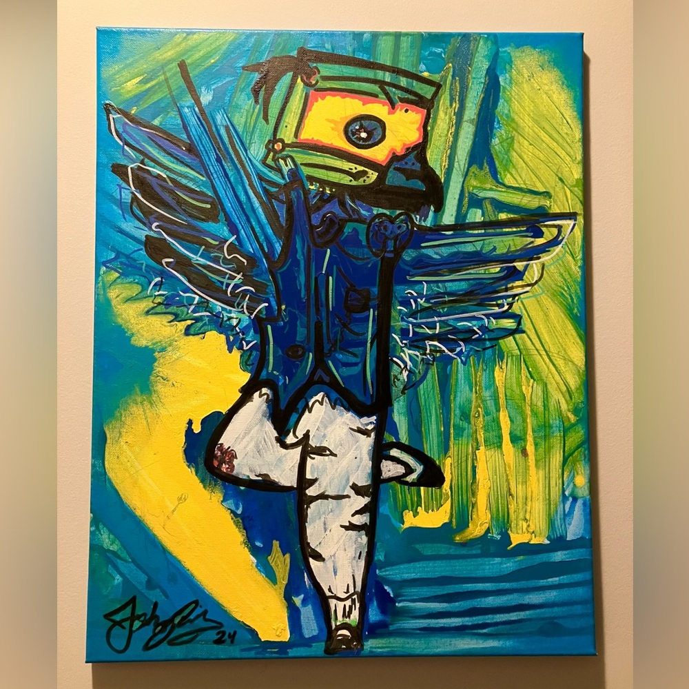 ORIGINAL Abstract Acrylic Painting signed by Artist 16x20in “Totem Fly Guy”